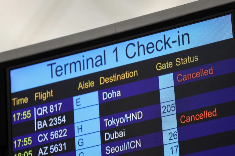 cancelled flights to middle east on an airport terminal