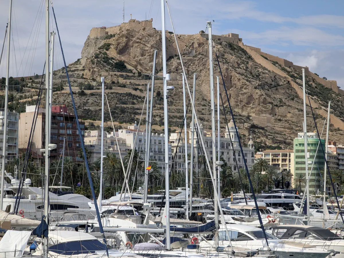 alicante harbour with tens of sailing boats and castillo santa barbara on the background