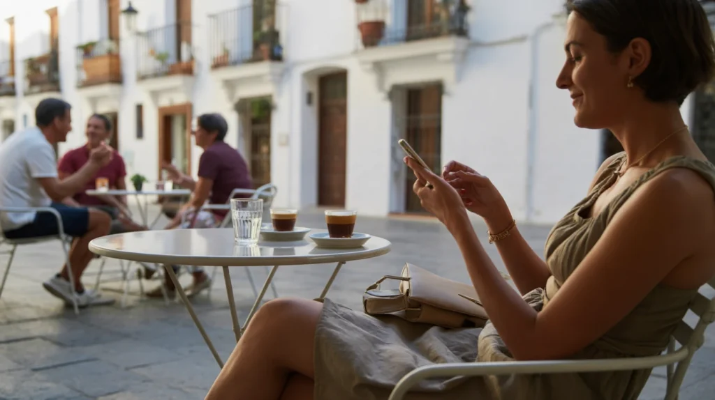 Woman on a café terrace in a Spanish old-town square with her bag on her lap and her phone in her hand