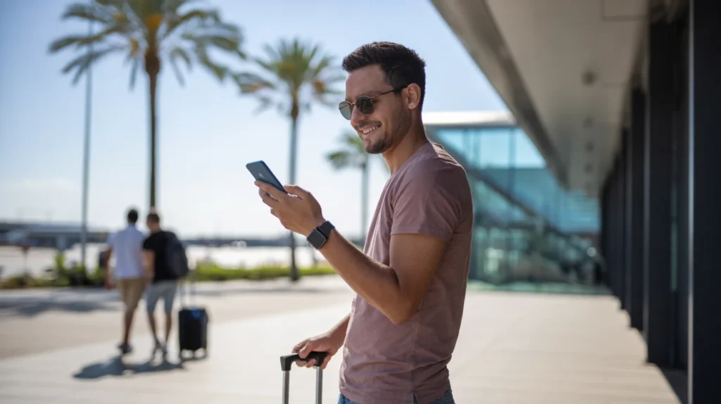 Traveller with a suitcase checking his phone outside a sunny Spanish airport terminal